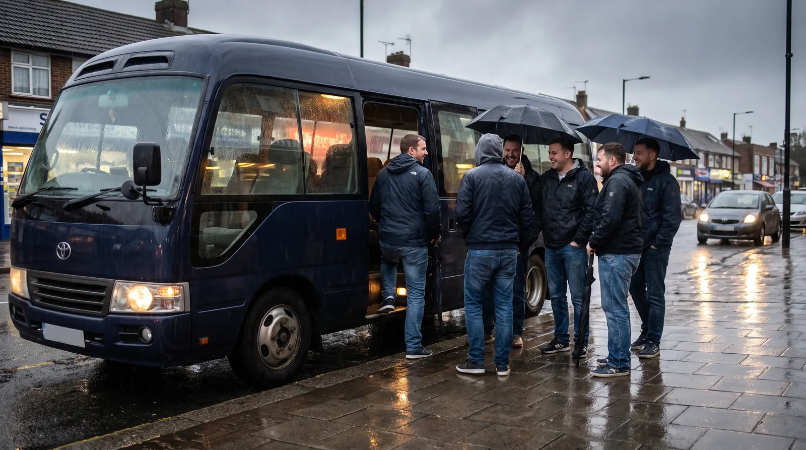 A dark navy 16-seat minibus at the kerb on Sidcup High Street in heavy rain, its door open and interior lights on, a group of men in their twenties and thirties in coats and under umbrellas waiting to board beside wet paving and shopfronts
