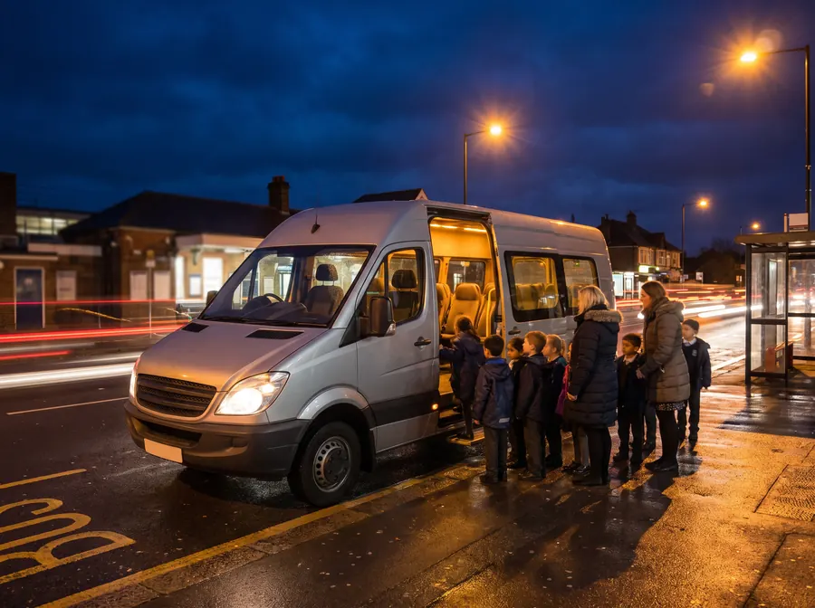 A silver 16-seat minibus at the kerb outside Sidcup station at night, door open and interior lit, a school group in uniform waiting in a line with two teachers, wet road reflecting orange street lights