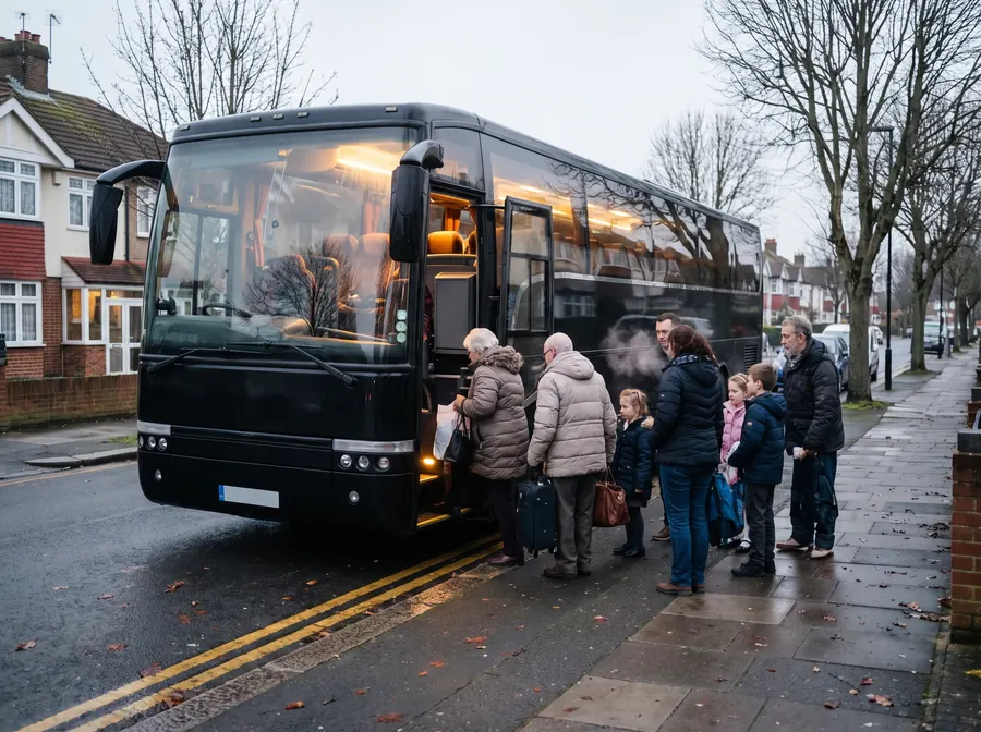 A black executive touring coach parked on double yellow lines on a Sidcup street of 1930s semi-detached houses on an overcast winter afternoon, an extended family of grandparents, parents and children boarding with suitcases